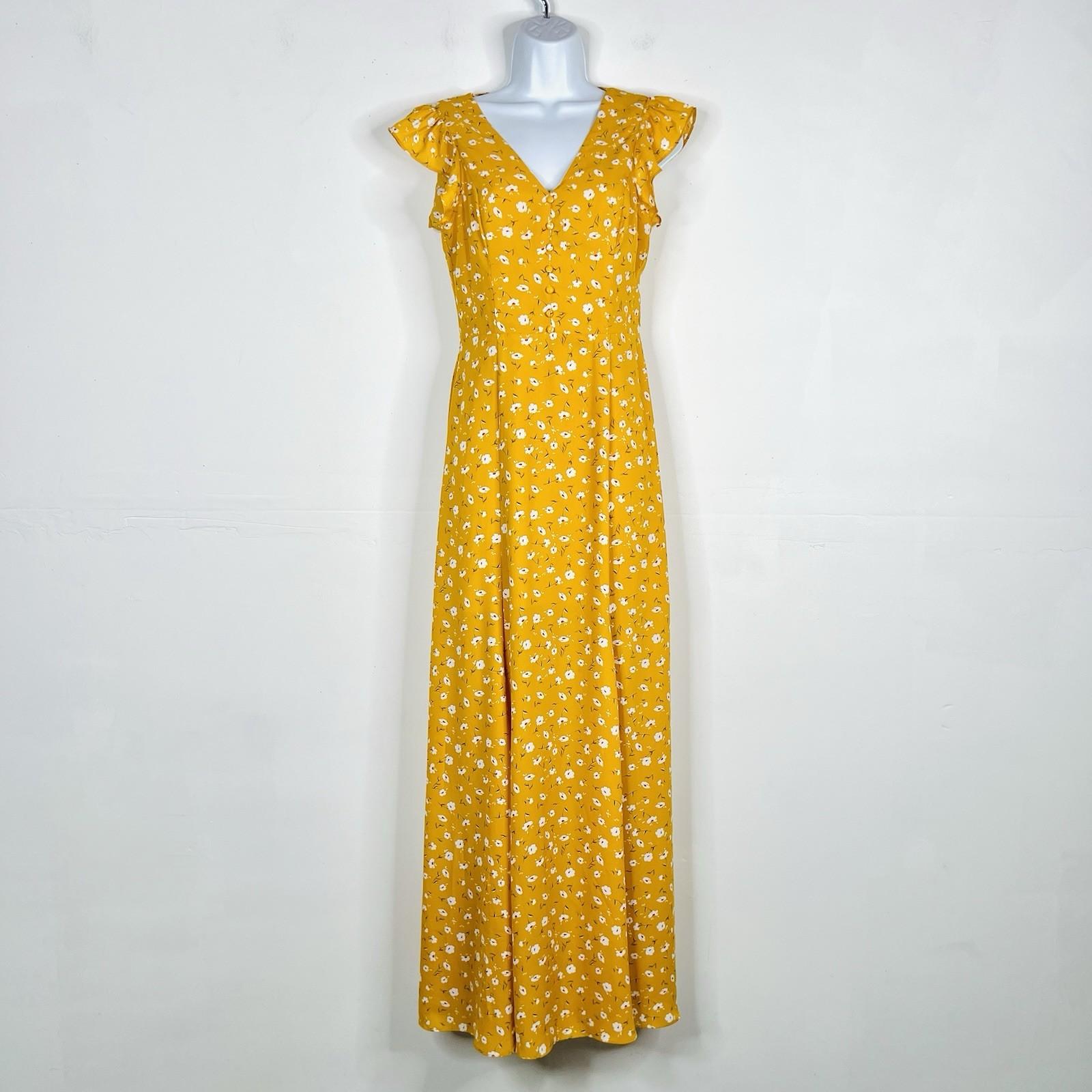 Lulus Polyester Maxi Floral Dress Size M Open Back Gold Flutter Sleeves Flowy