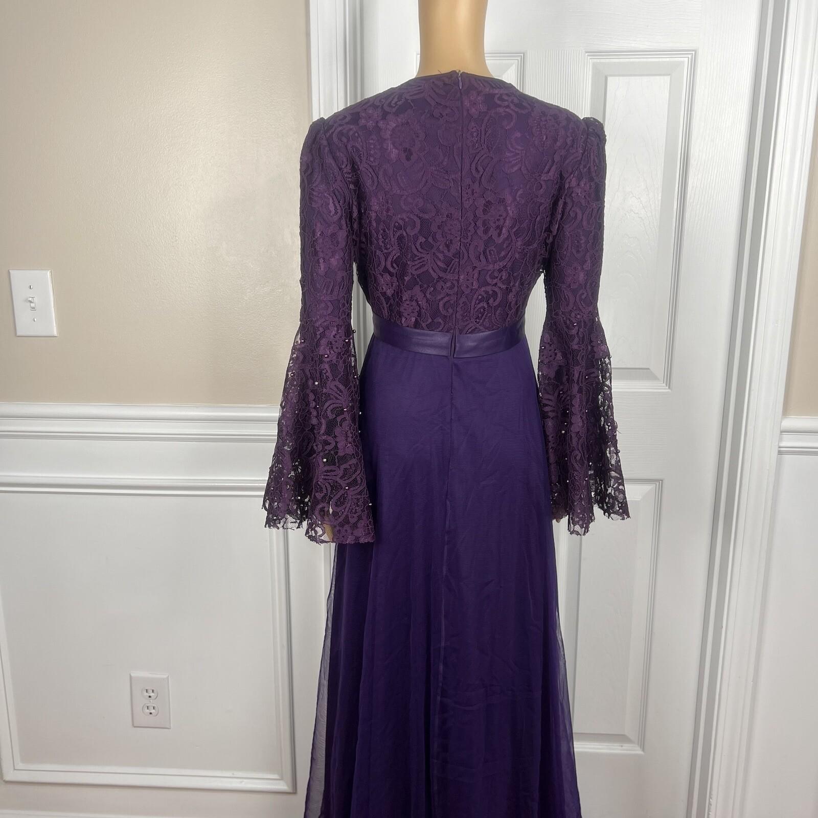 10-313.jpg Ayse Melek Tasarim Chiffon Lace Gown 44 Beaded Purple Bell Sleeve Empire Waist