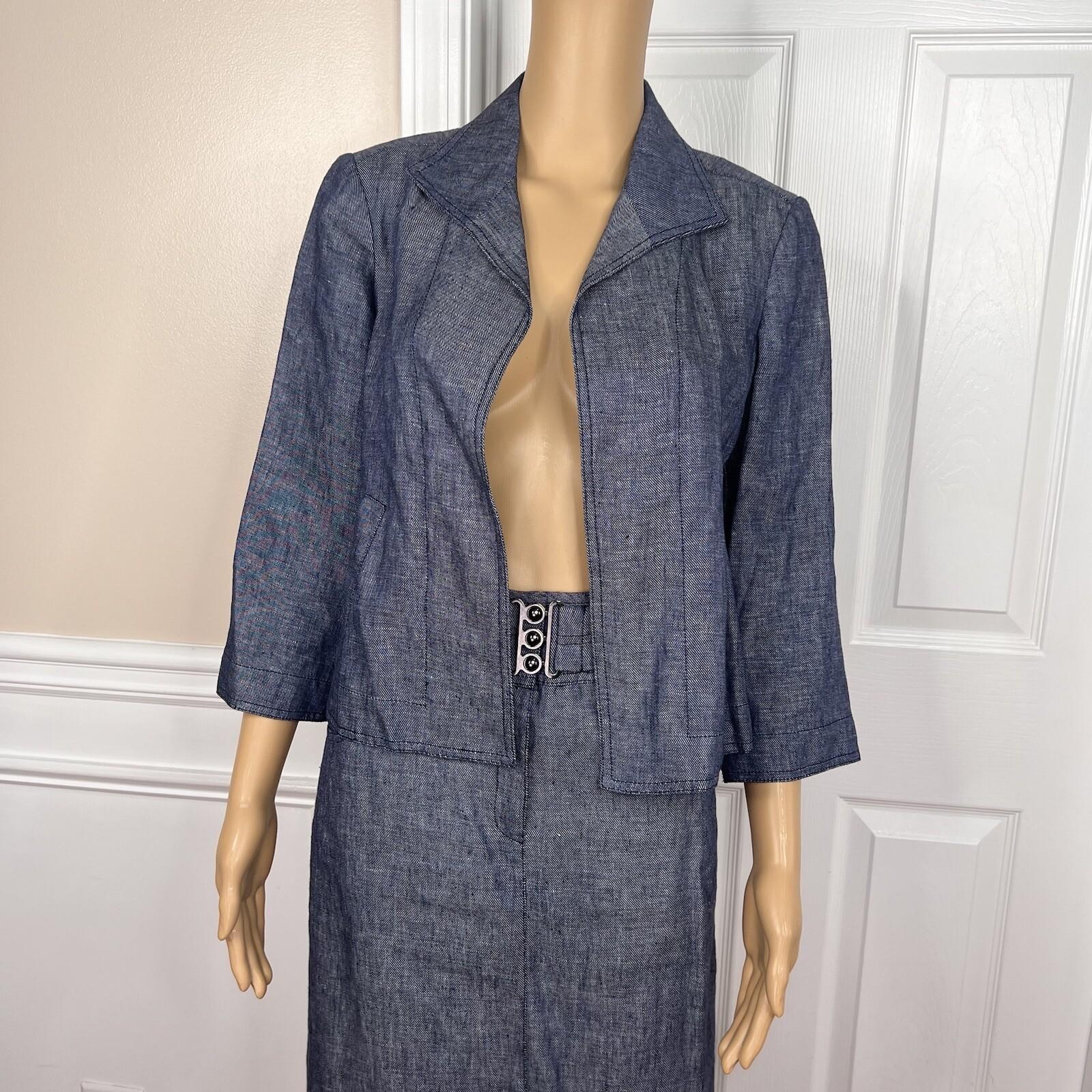 KASPER Women 2PC Blue Denim Linen Open Front Belted Career Skirt Suit Size 8