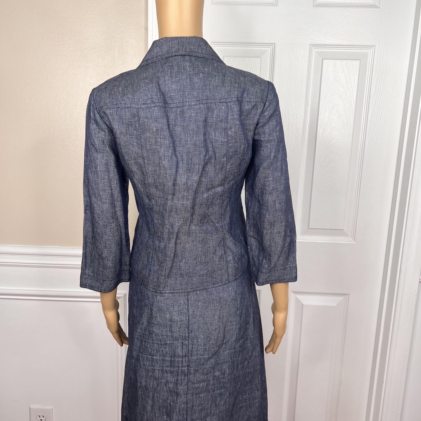 KASPER Women 2PC Blue Denim Linen Open Front Belted Career Skirt Suit Size 8