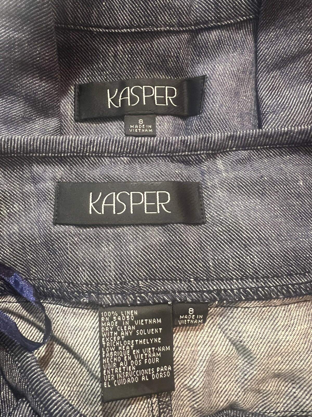 KASPER Women 2PC Blue Denim Linen Open Front Belted Career Skirt Suit Size 8