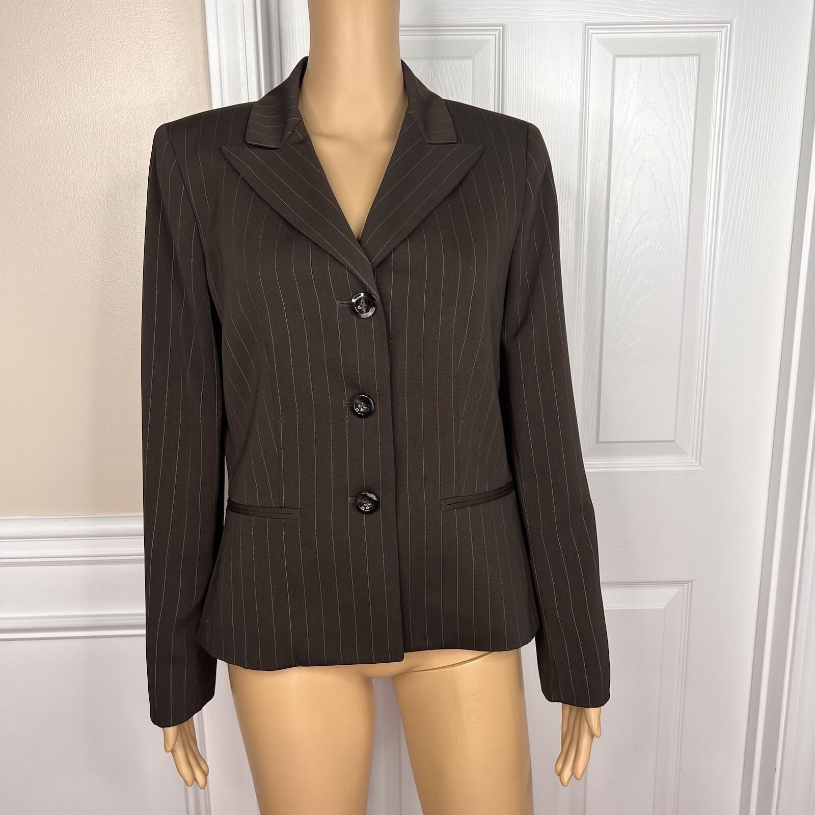10-3268.jpg SUIT STUDIO 2PC Brown Striped Polyester Career Peak Collar Pant Suit Size 8
