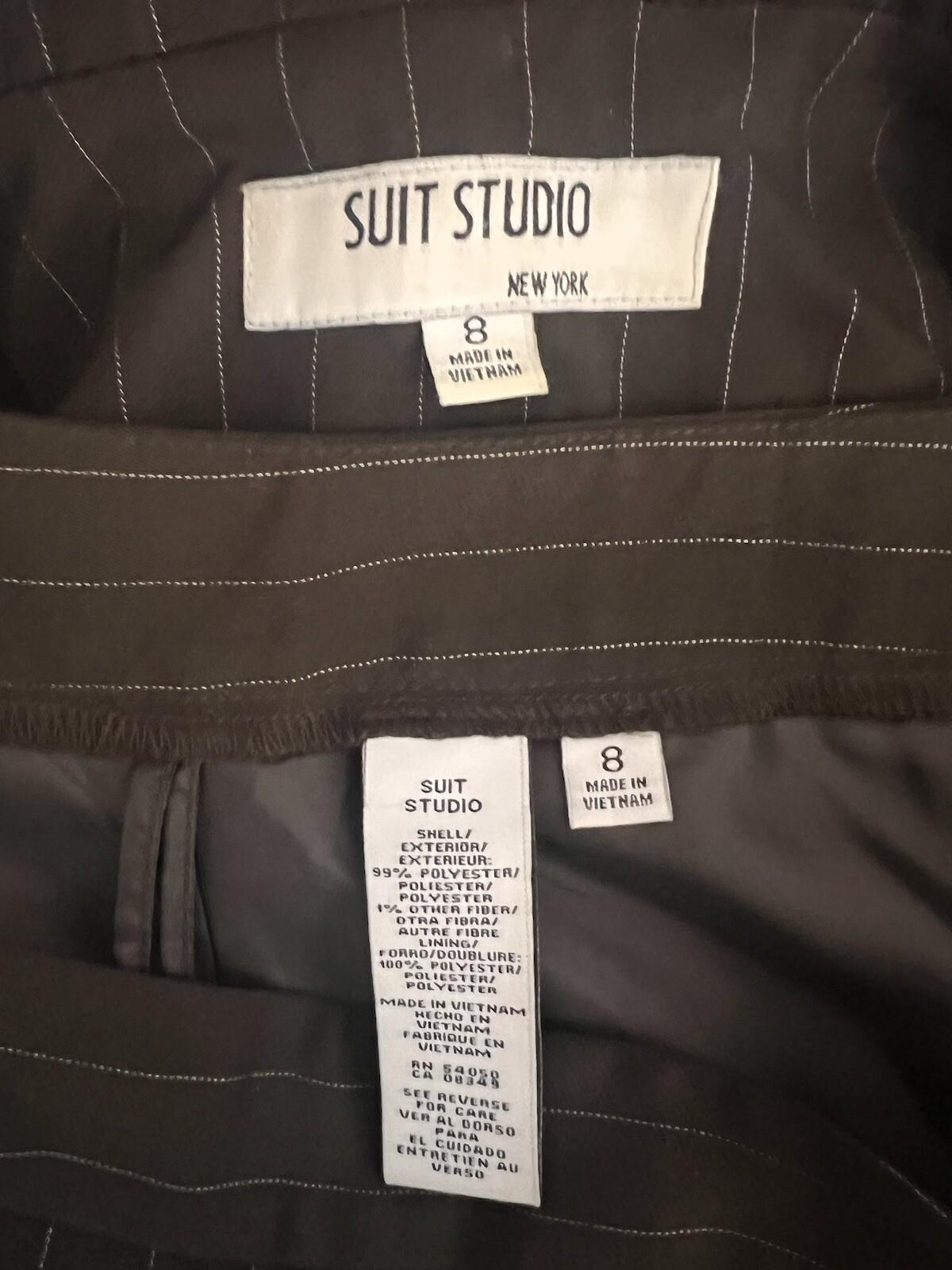 10-3273.jpg SUIT STUDIO 2PC Brown Striped Polyester Career Peak Collar Pant Suit Size 8