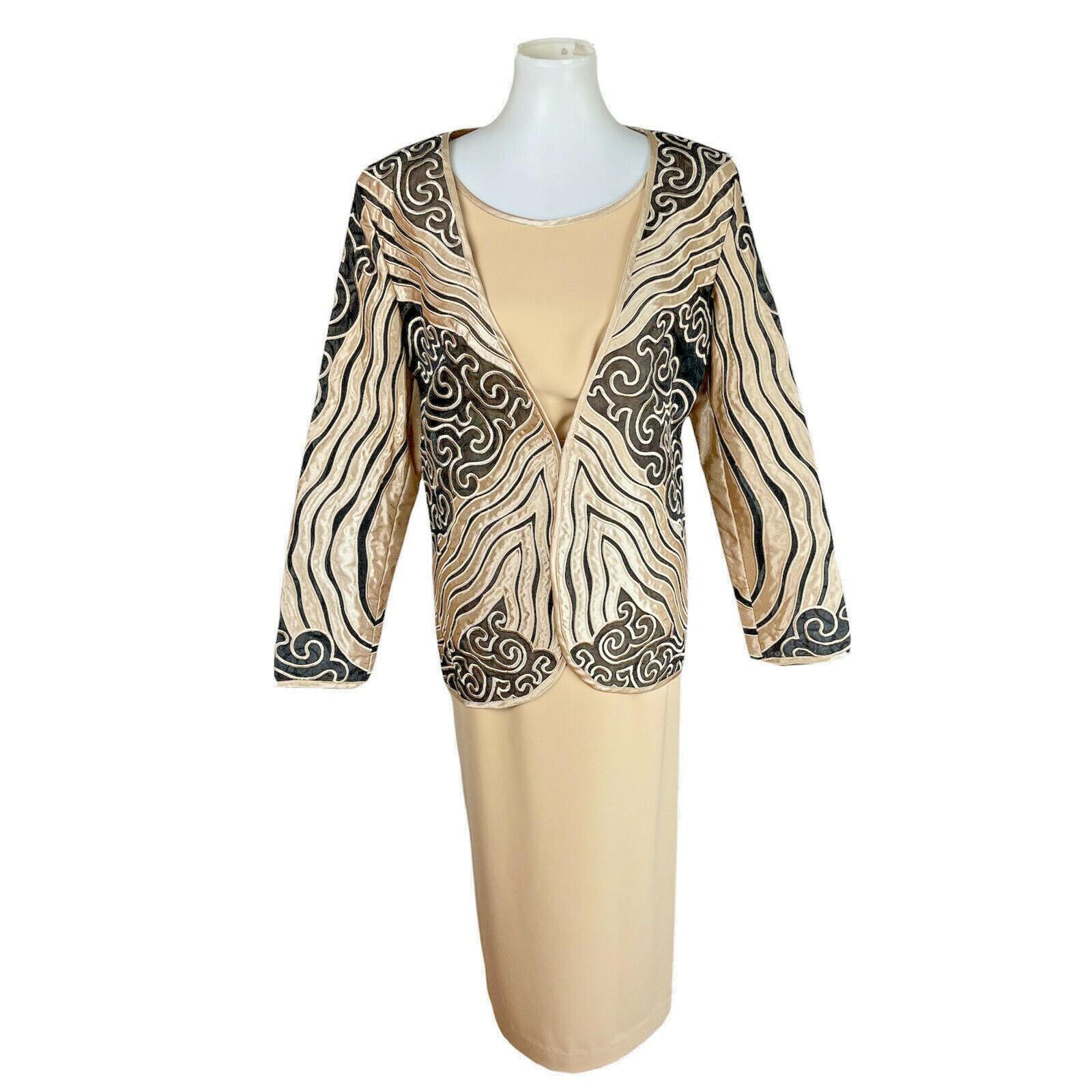 MOSHITA COUTURE 3PC Black Gold Collarless Embroidered Skirt Suit Top Size 12