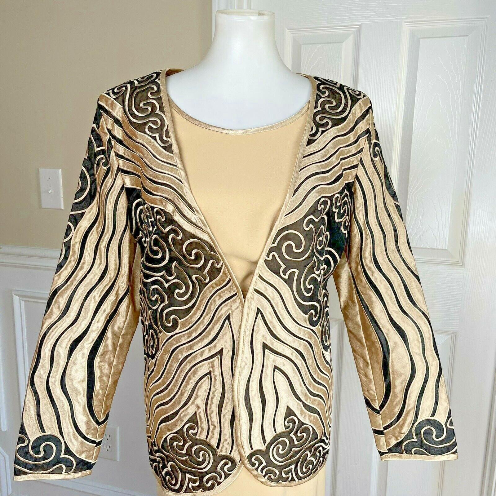 MOSHITA COUTURE 3PC Black Gold Collarless Embroidered Skirt Suit Top Size 12