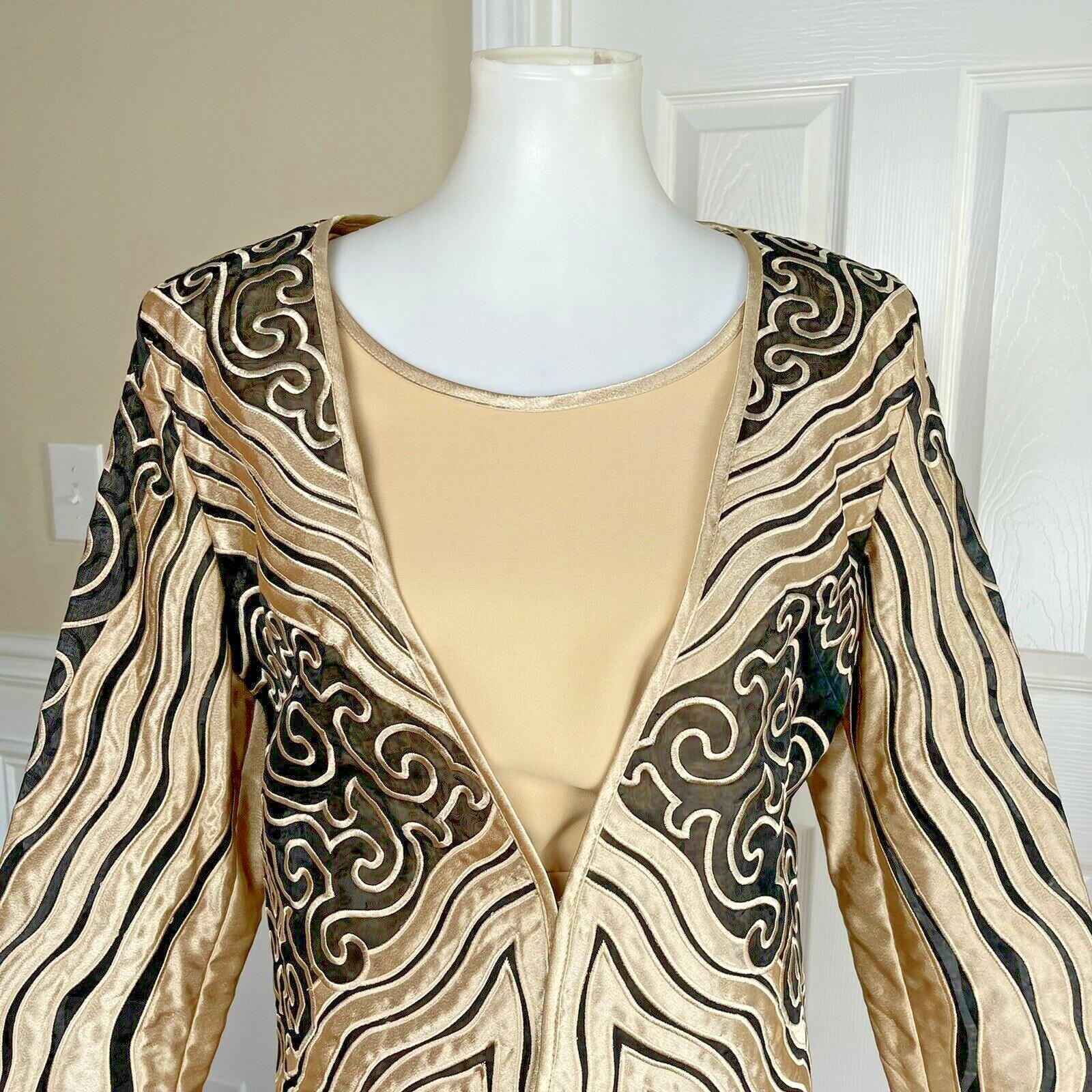 MOSHITA COUTURE 3PC Black Gold Collarless Embroidered Skirt Suit Top Size 12