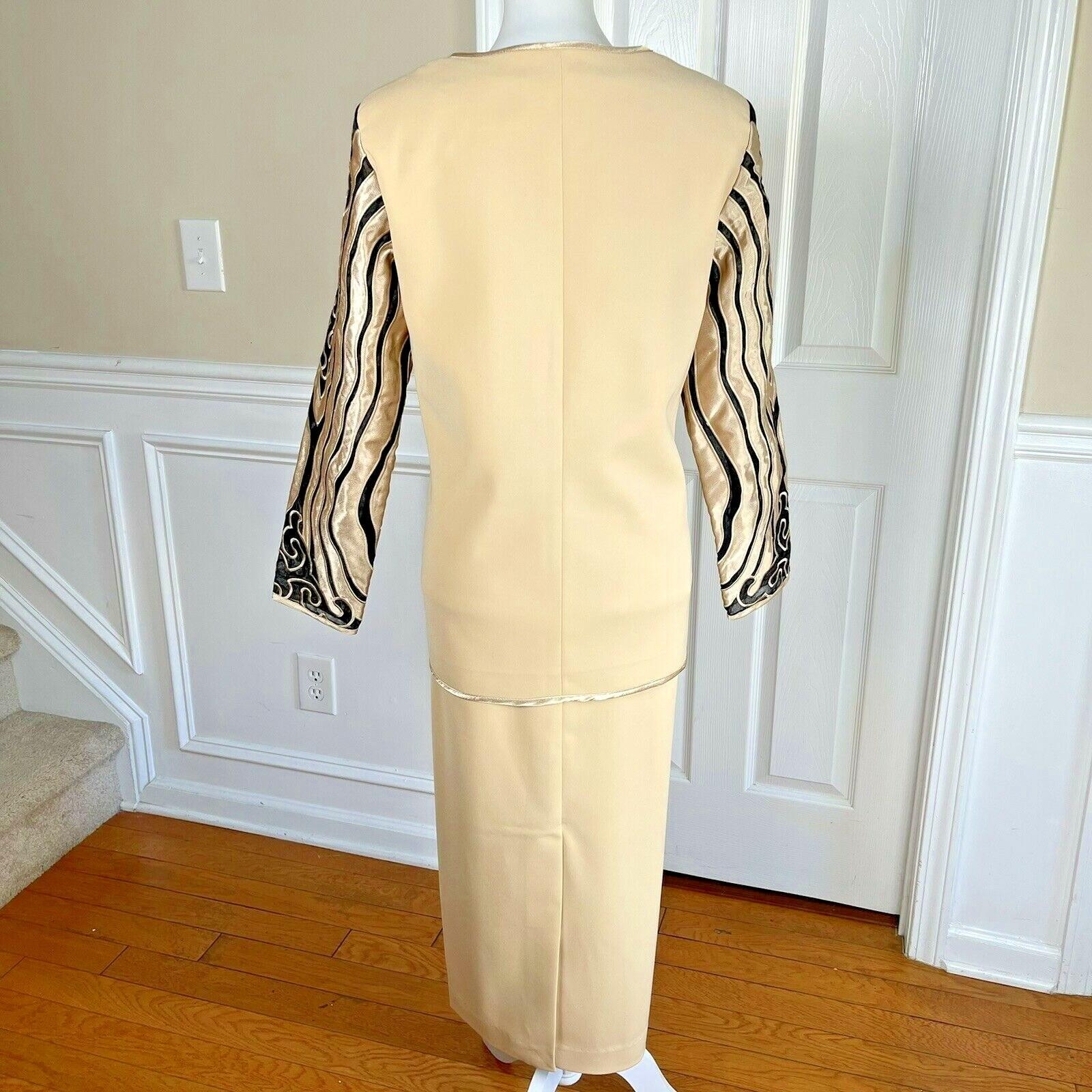 MOSHITA COUTURE 3PC Black Gold Collarless Embroidered Skirt Suit Top Size 12
