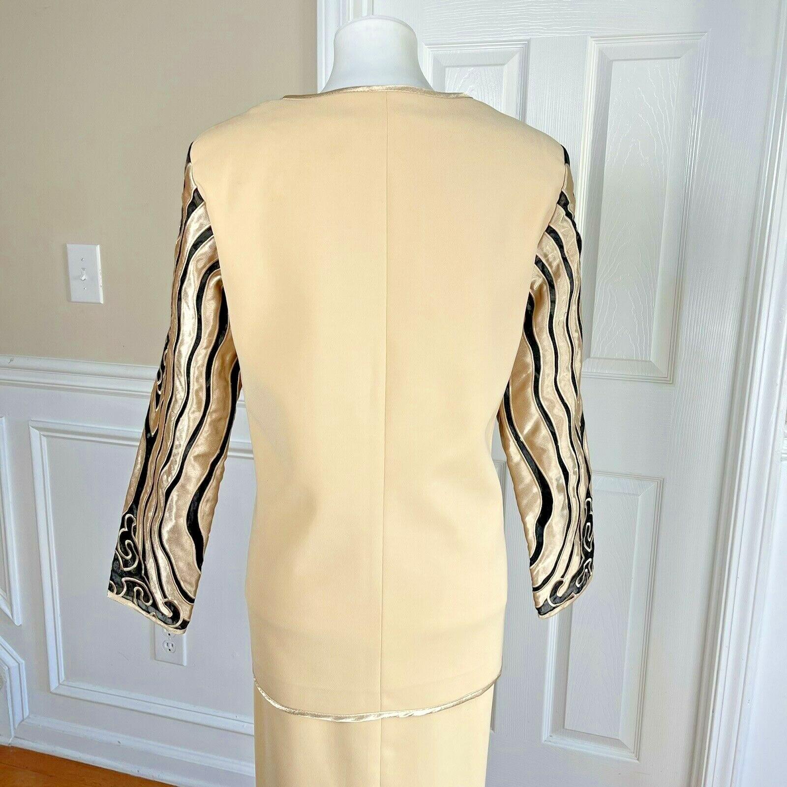 MOSHITA COUTURE 3PC Black Gold Collarless Embroidered Skirt Suit Top Size 12