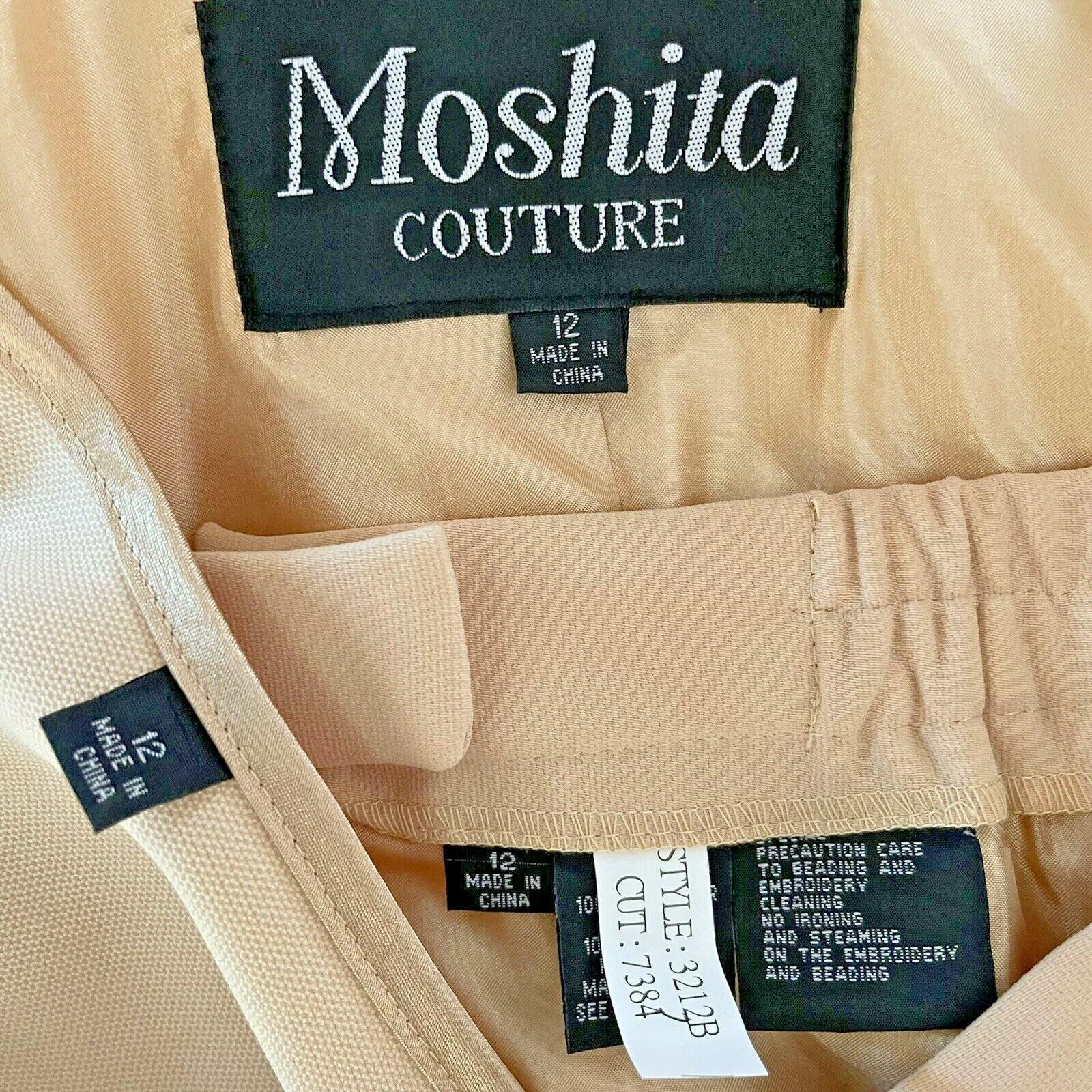 MOSHITA COUTURE 3PC Black Gold Collarless Embroidered Skirt Suit Top Size 12