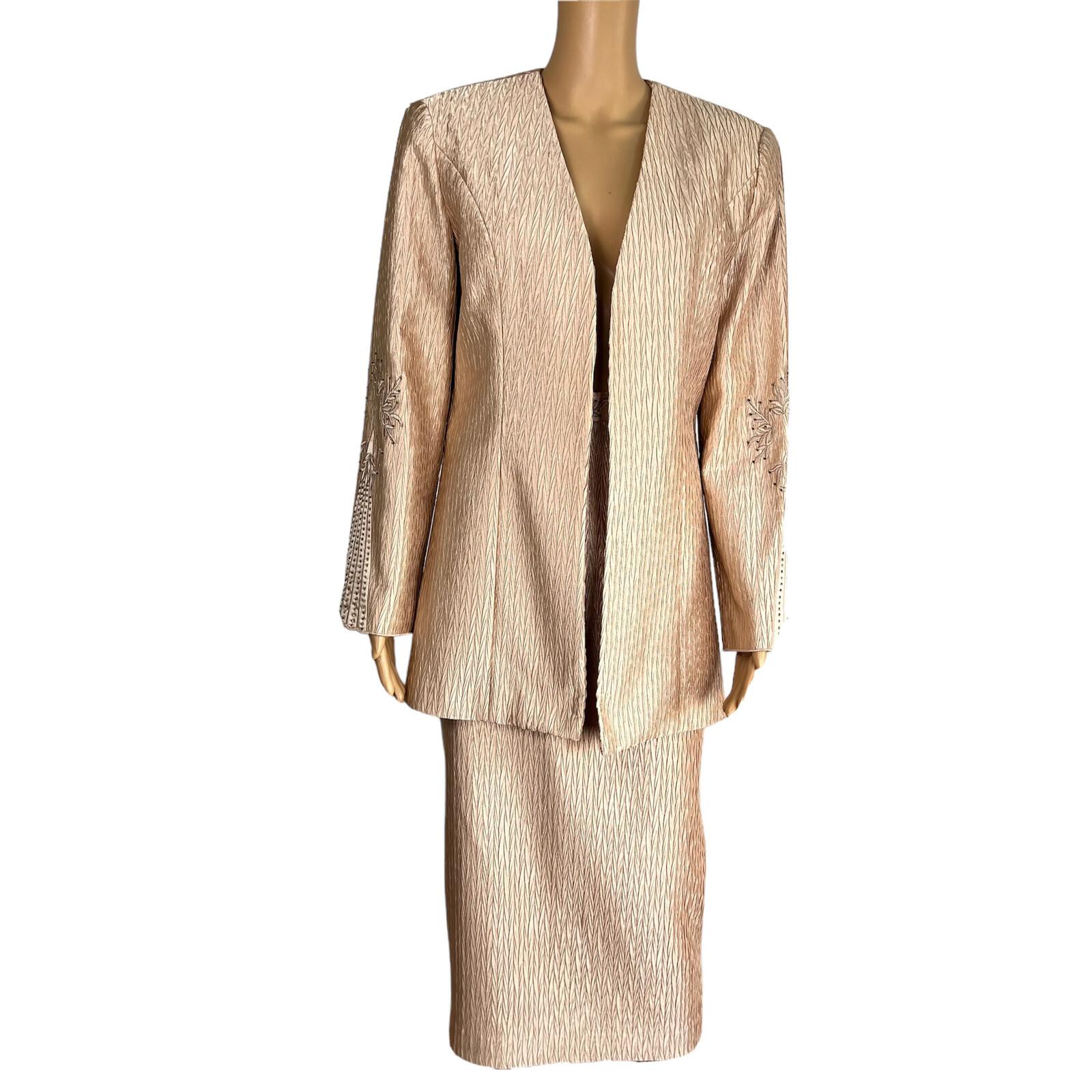 GMI Polyester Skirt Suit Size 10 Gold Beaded Lined Collarless Open Front 2PC