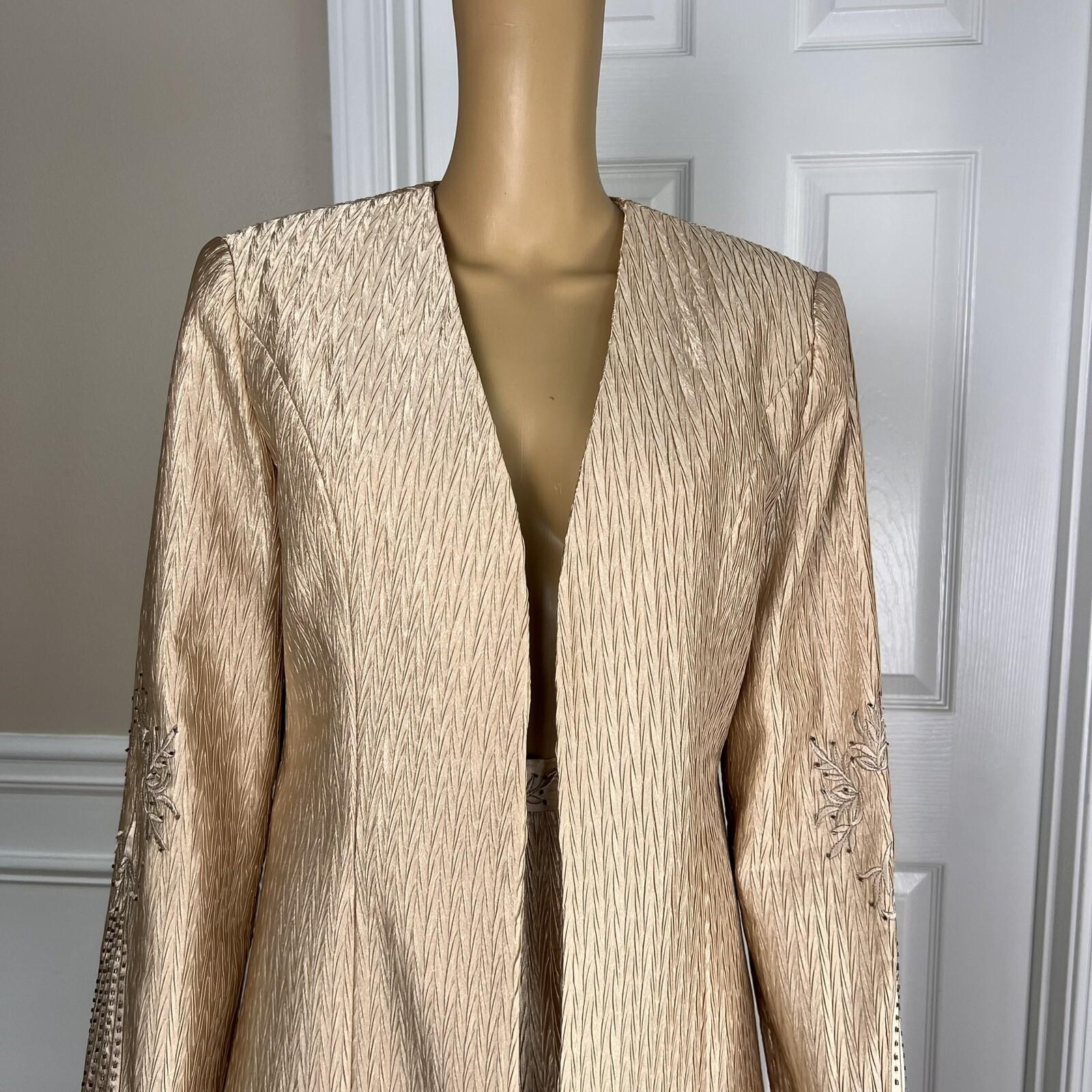 GMI Polyester Skirt Suit Size 10 Gold Beaded Lined Collarless Open Front 2PC