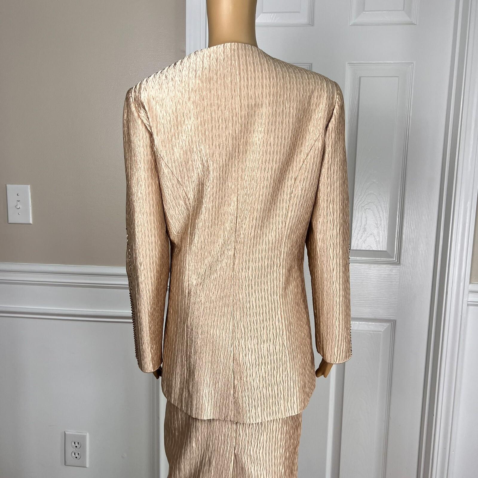 GMI Polyester Skirt Suit Size 10 Gold Beaded Lined Collarless Open Front 2PC