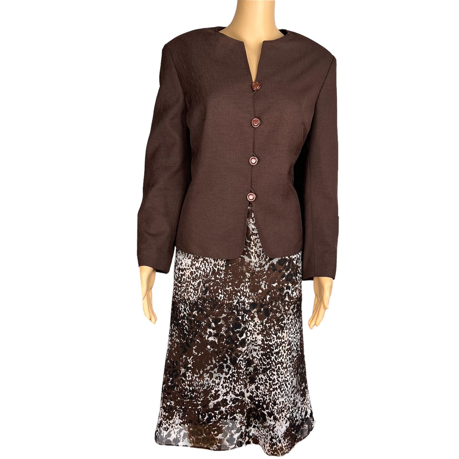 COLLECTIONS FOR LE SUIT 2PC Brown White Polyester Lined Flare Skirt Suit Size 14