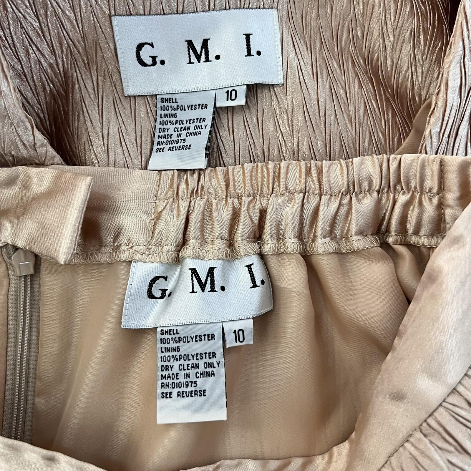 GMI Polyester Skirt Suit Size 10 Gold Beaded Lined Collarless Open Front 2PC
