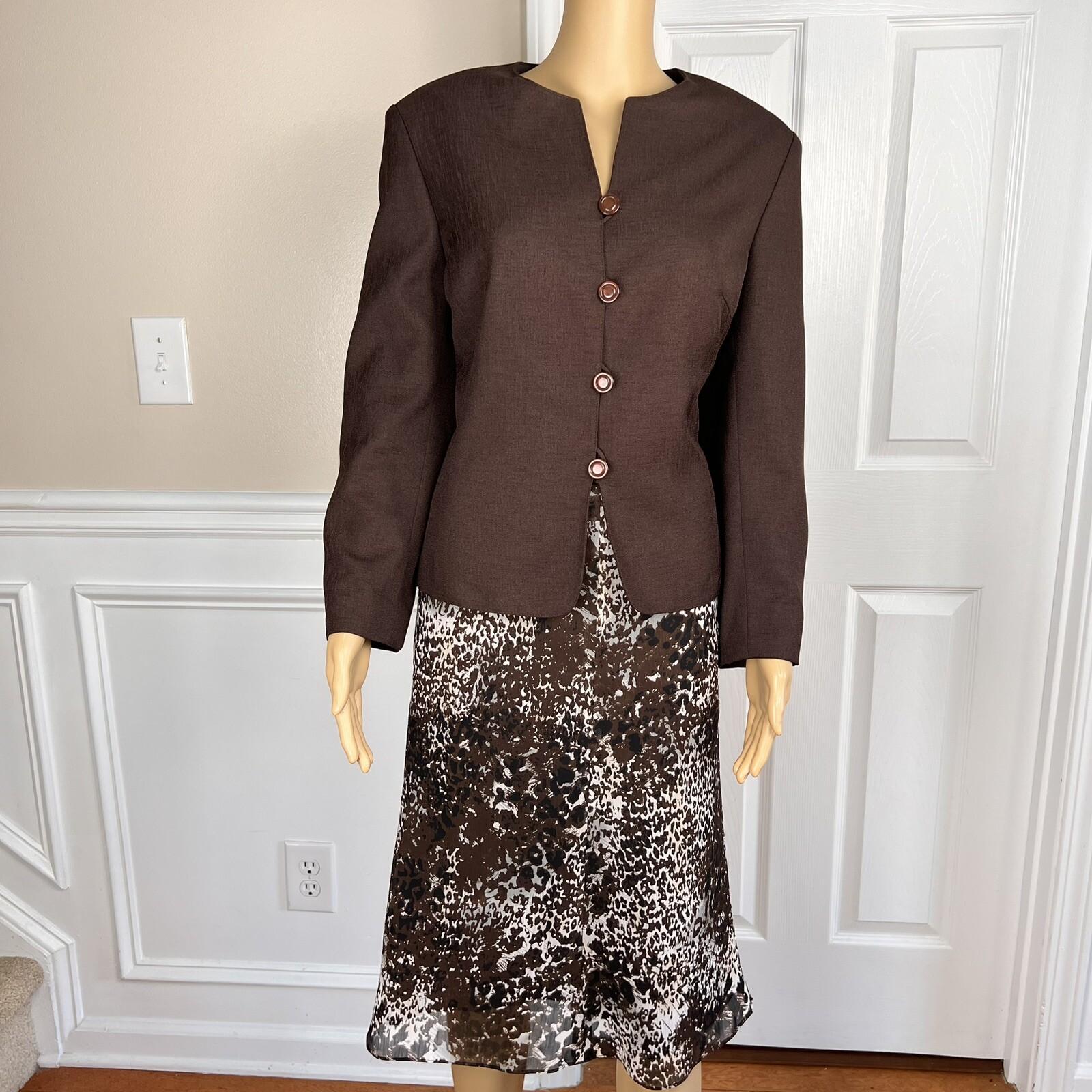 COLLECTIONS FOR LE SUIT 2PC Brown White Polyester Lined Flare Skirt Suit Size 14
