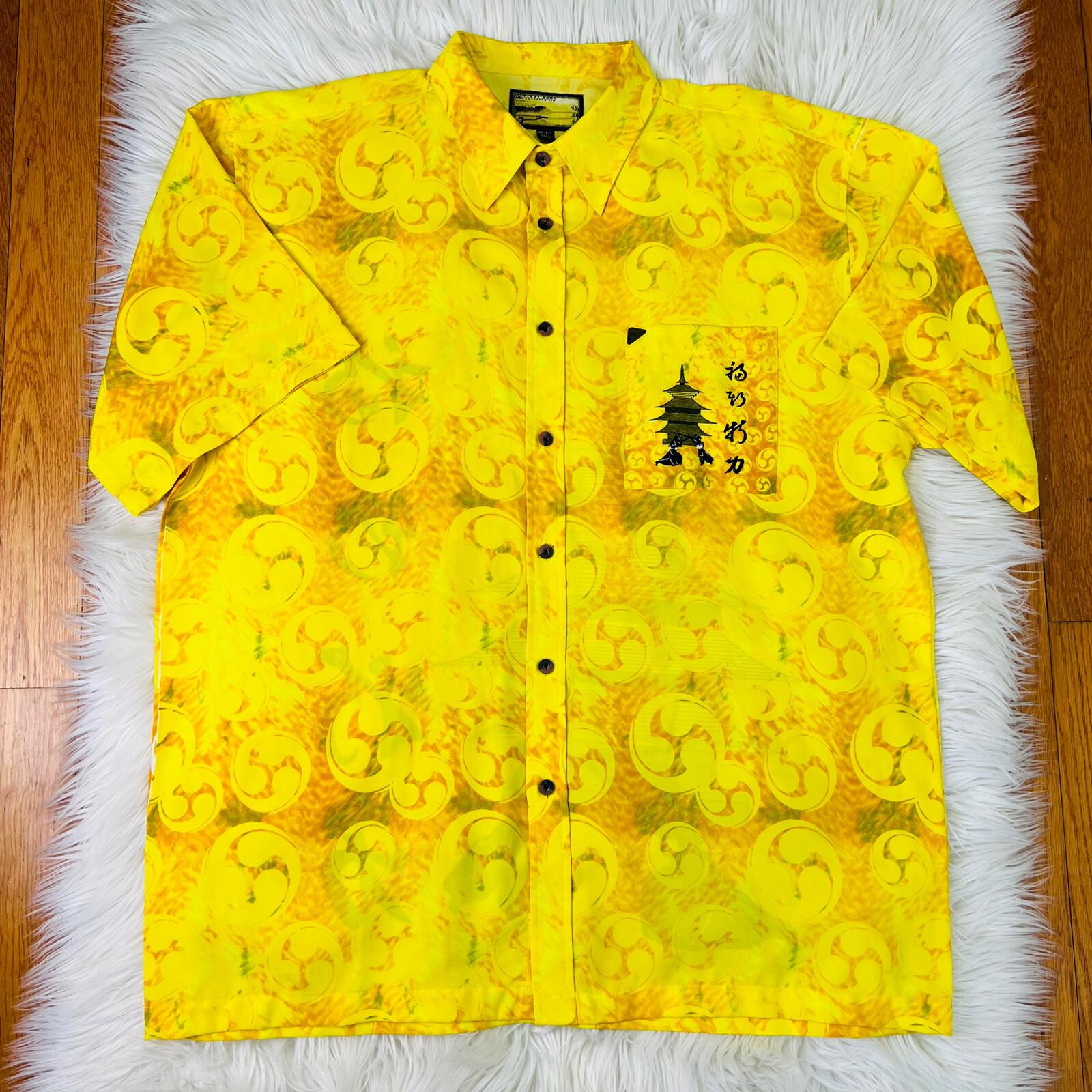 First Down Southern Rim Vintage Yellow Hawaiian Samurai Camp Shirt Size XL
