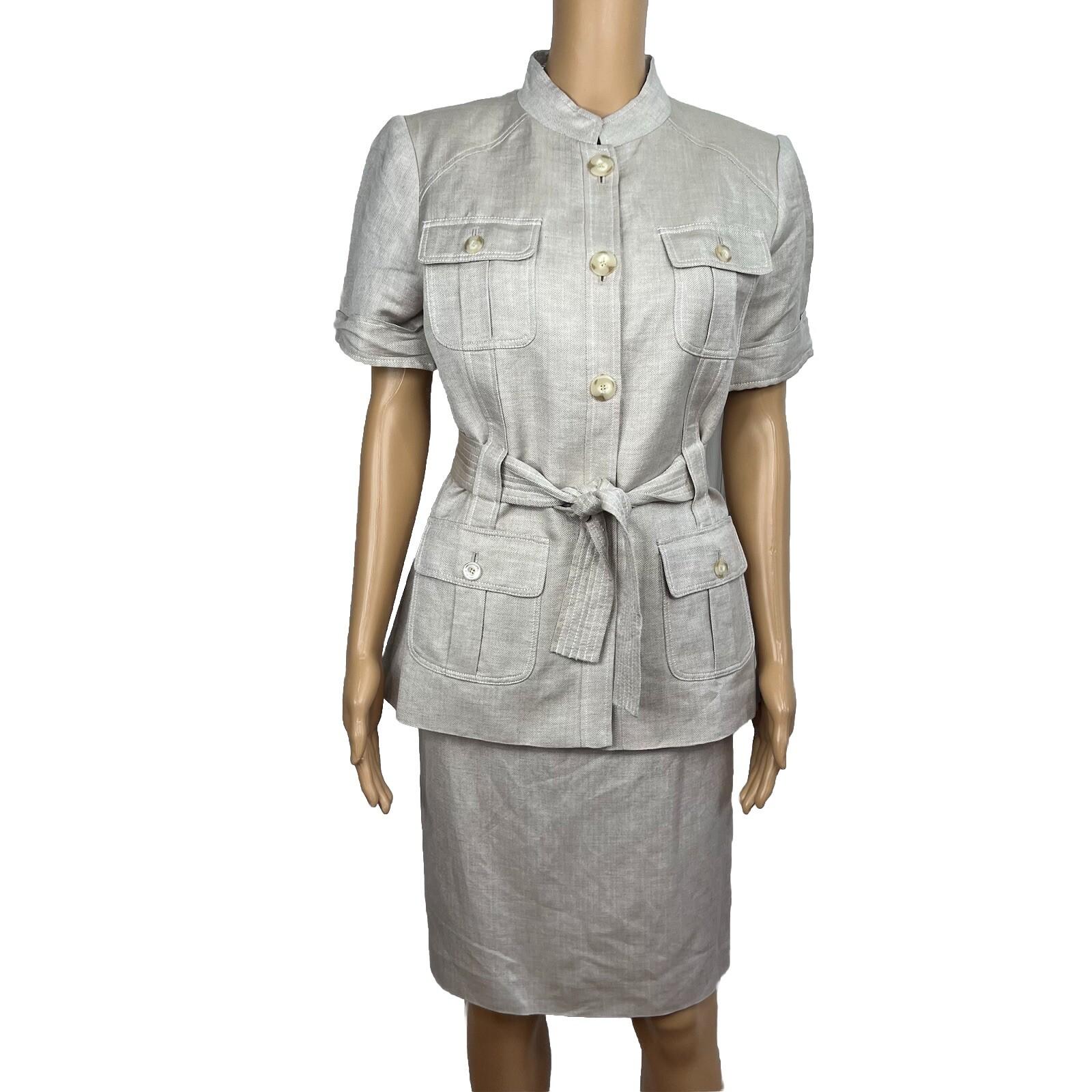 Calvin Klein Linen Rayon Skirt Suit 8 Beige Short Sleeves Belted Career 2PC