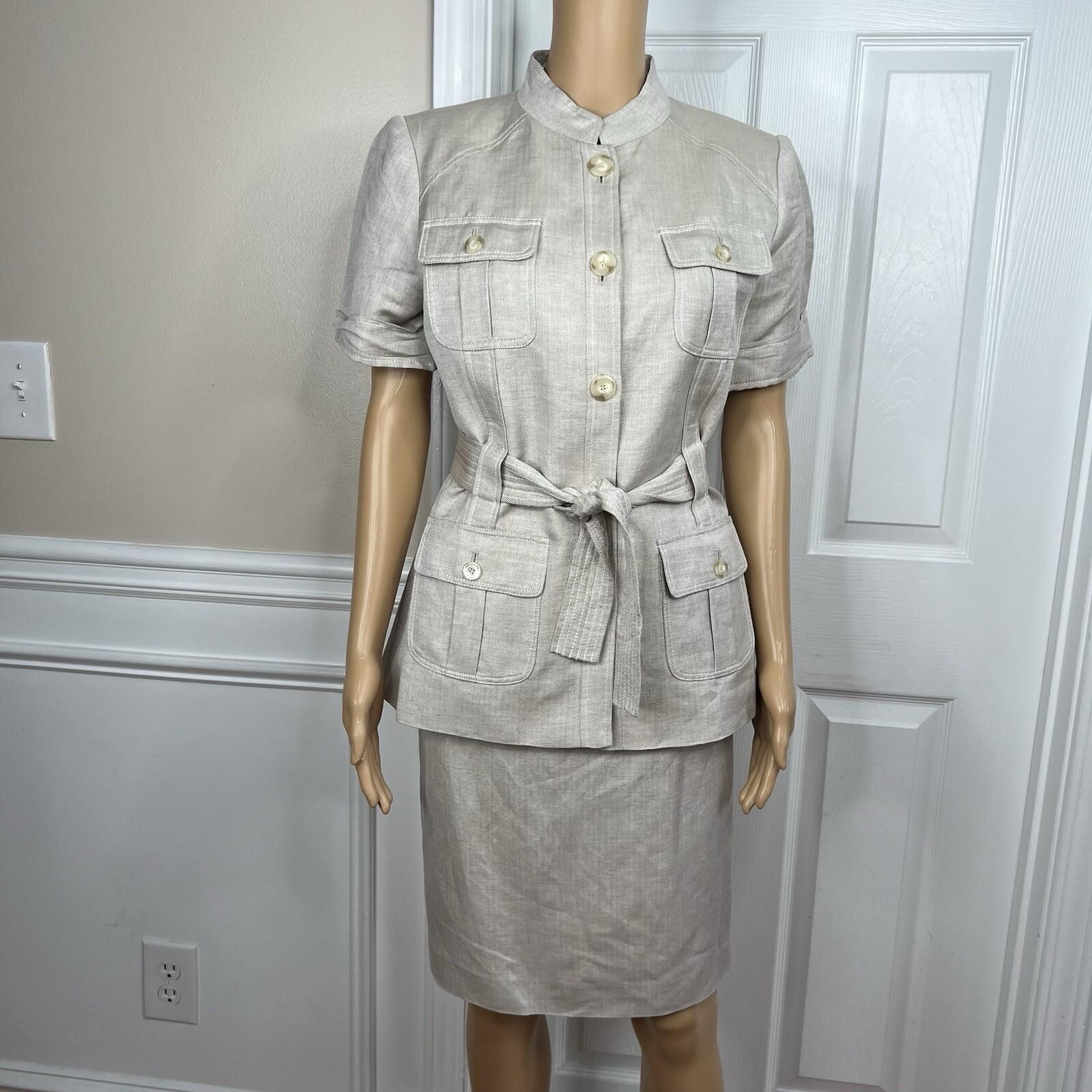 Calvin Klein Linen Rayon Skirt Suit 8 Beige Short Sleeves Belted Career 2PC