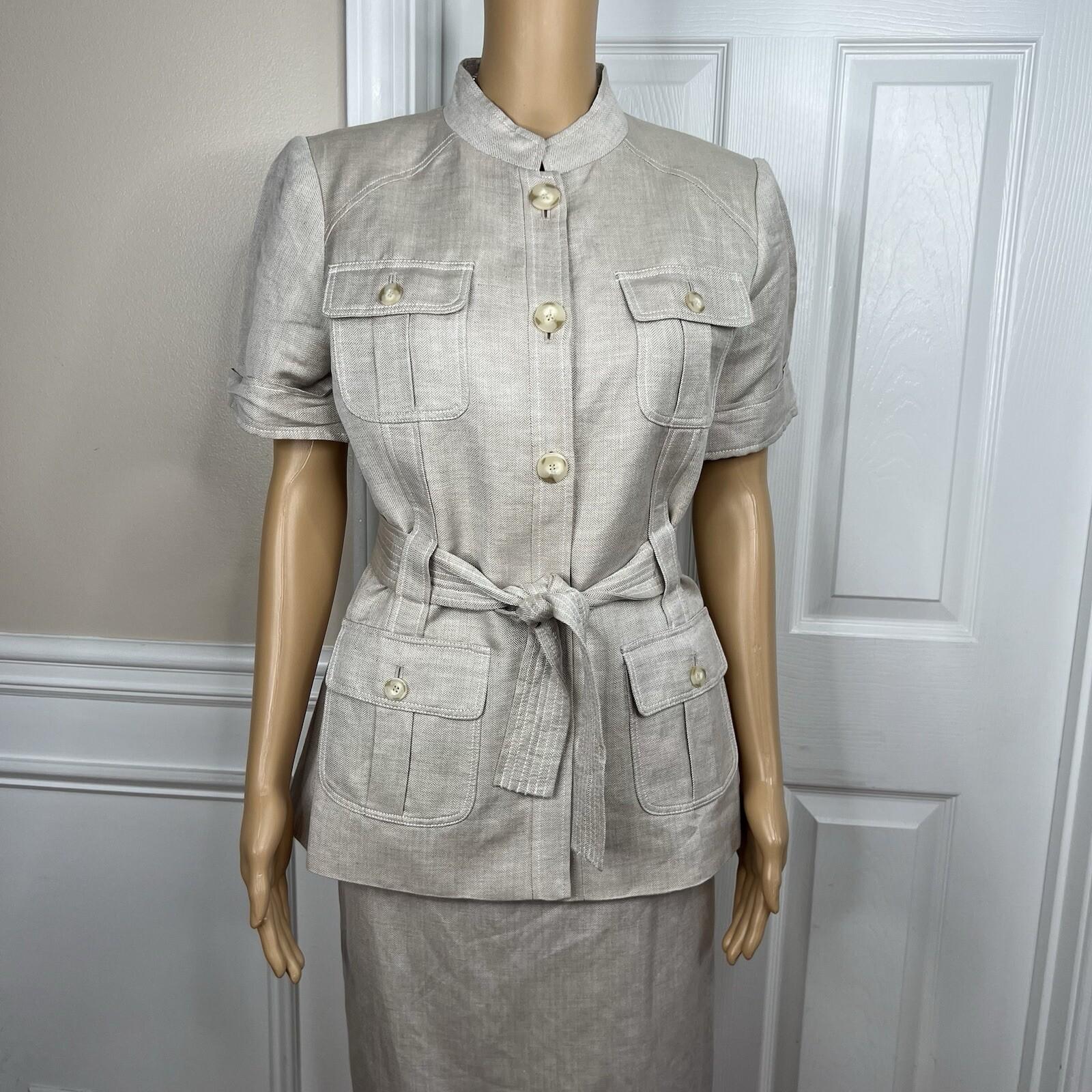 Calvin Klein Linen Rayon Skirt Suit 8 Beige Short Sleeves Belted Career 2PC