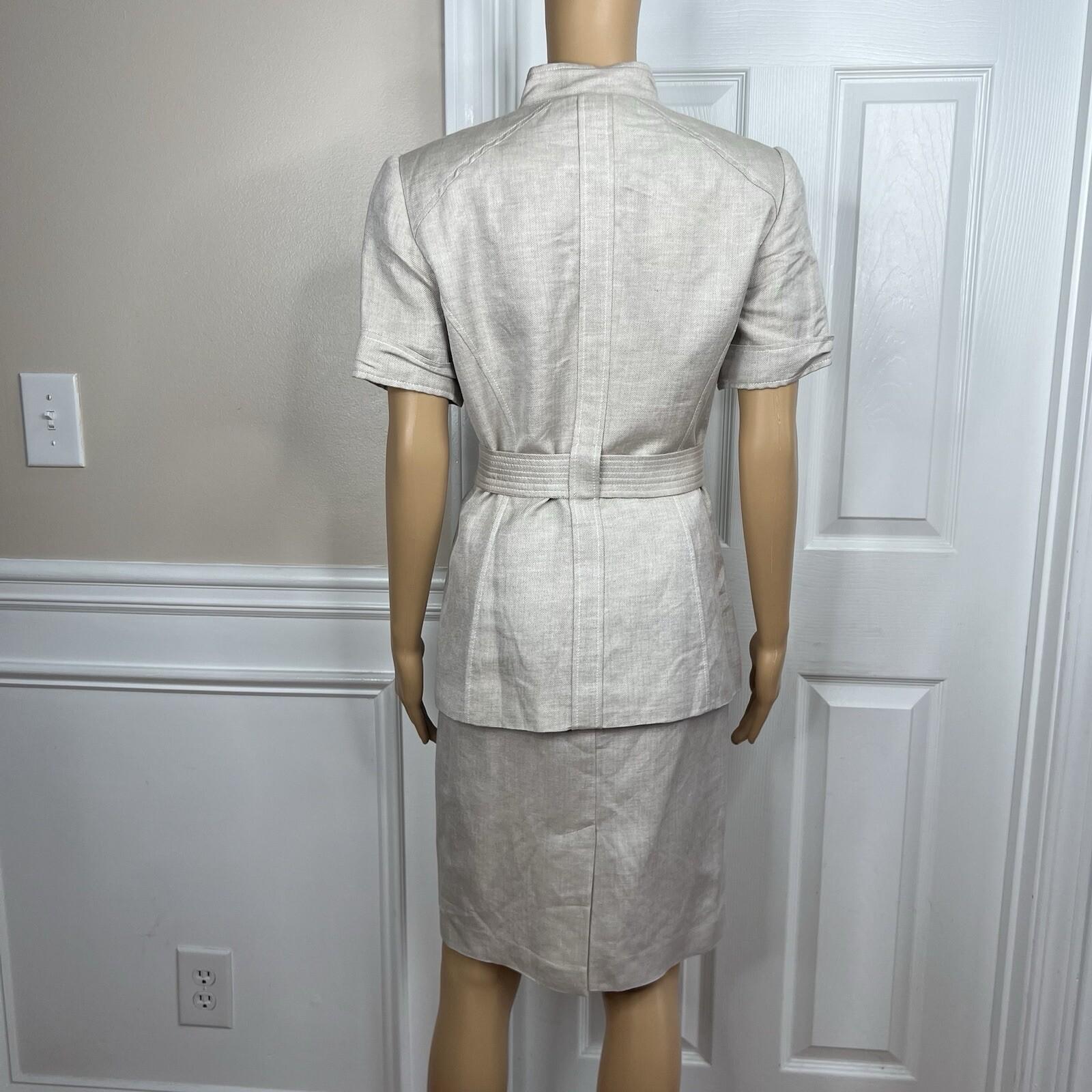 Calvin Klein Linen Rayon Skirt Suit 8 Beige Short Sleeves Belted Career 2PC