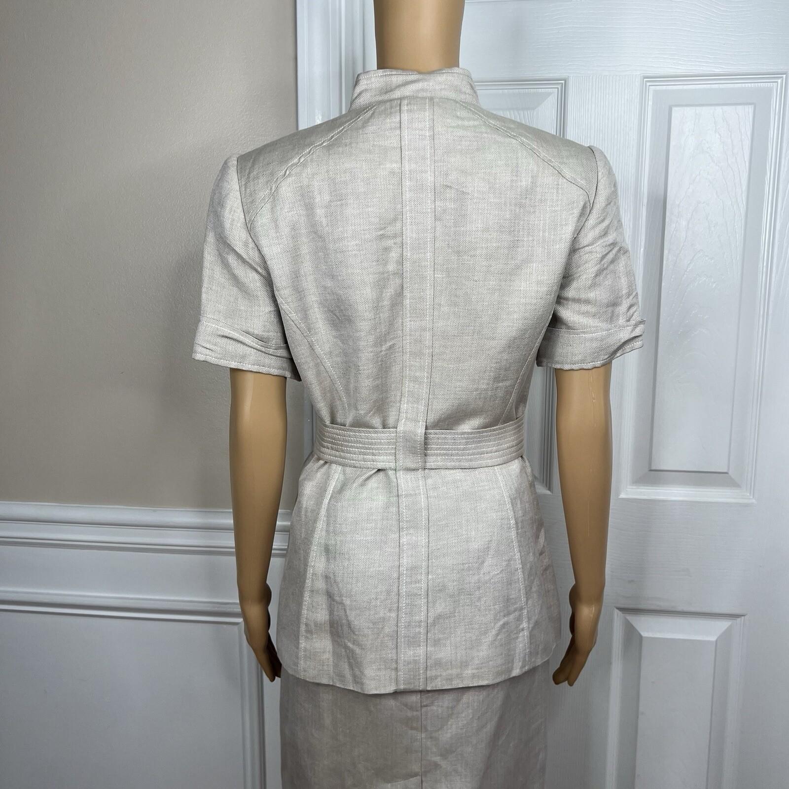 Calvin Klein Linen Rayon Skirt Suit 8 Beige Short Sleeves Belted Career 2PC