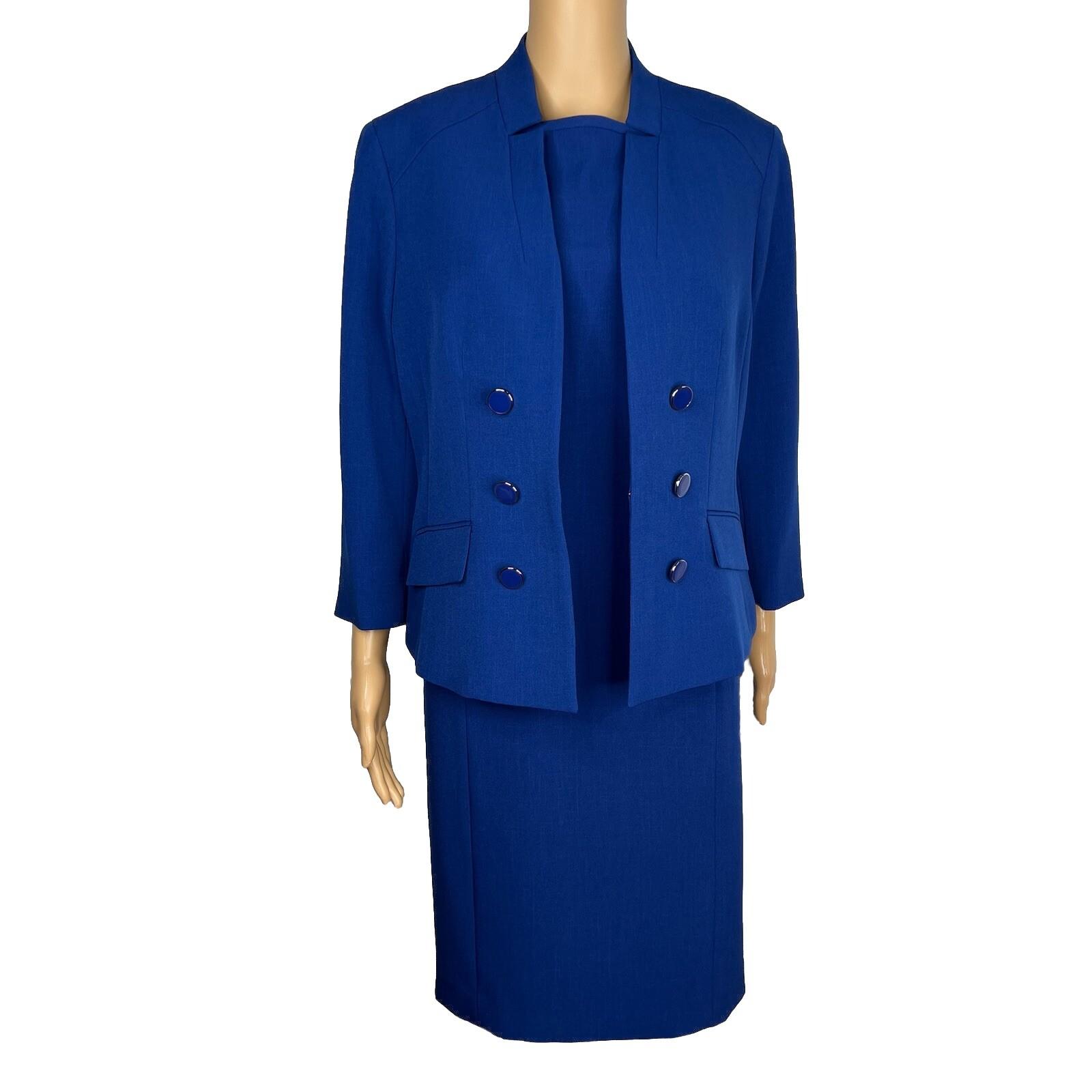 Le Suit Women Polyester Dress Suit Size 12P Blue Stand Up Collar Lined 2PC