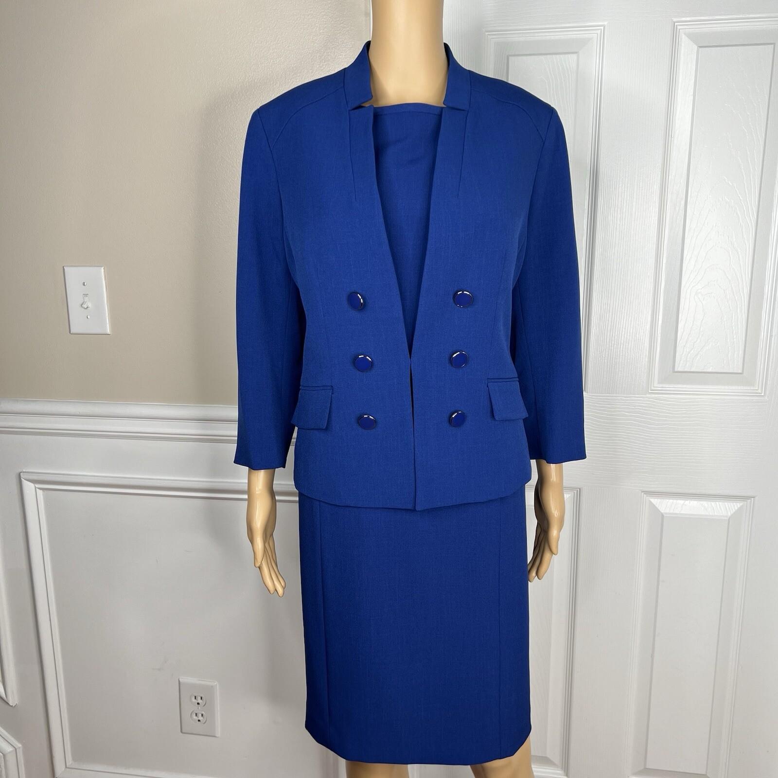 Le Suit Women Polyester Dress Suit Size 12P Blue Stand Up Collar Lined 2PC