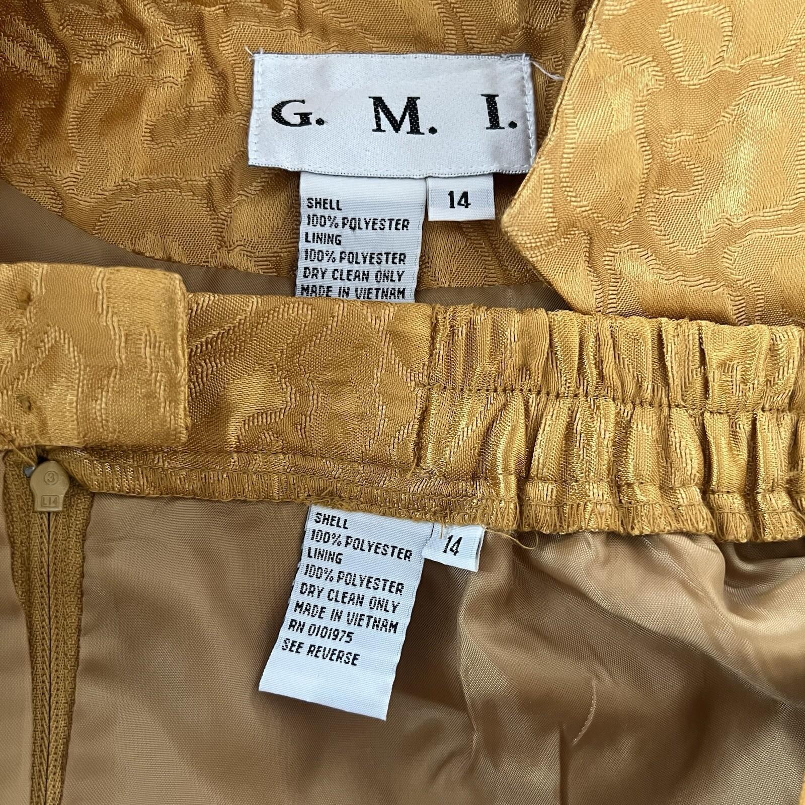 GMI Polyester Skirt Suit Size 14 Gold Lined Collarless Cocktail Mid Length 2PC