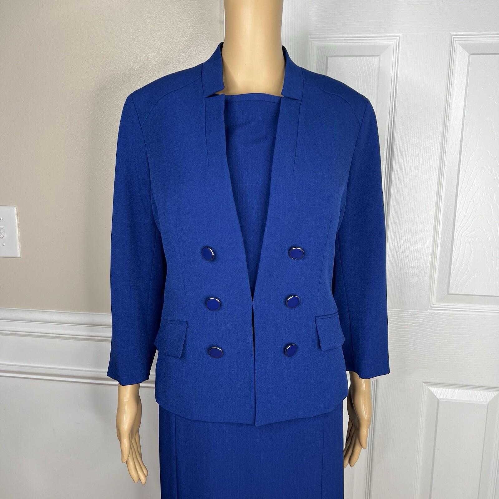 Le Suit Women Polyester Dress Suit Size 12P Blue Stand Up Collar Lined 2PC