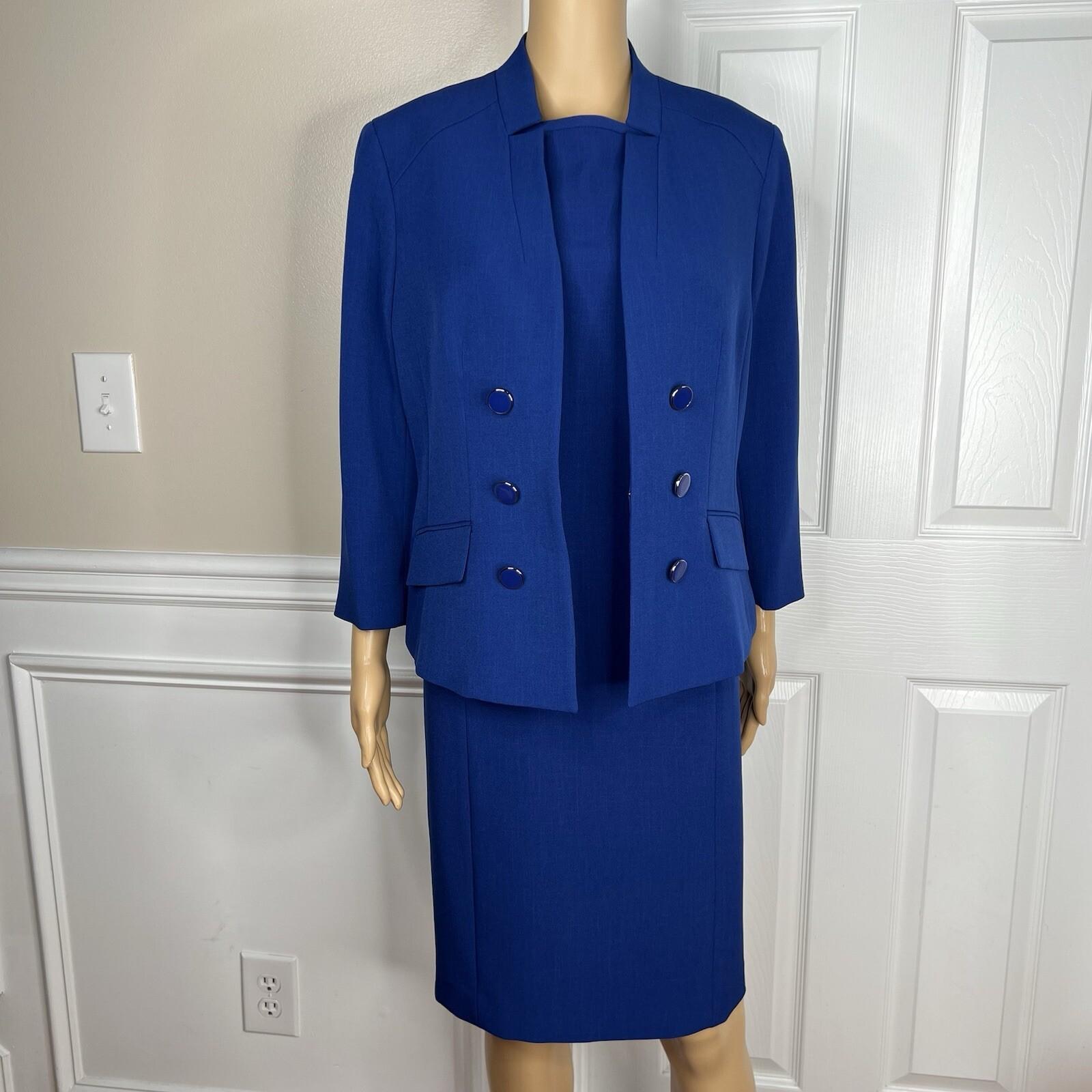 Le Suit Women Polyester Dress Suit Size 12P Blue Stand Up Collar Lined 2PC