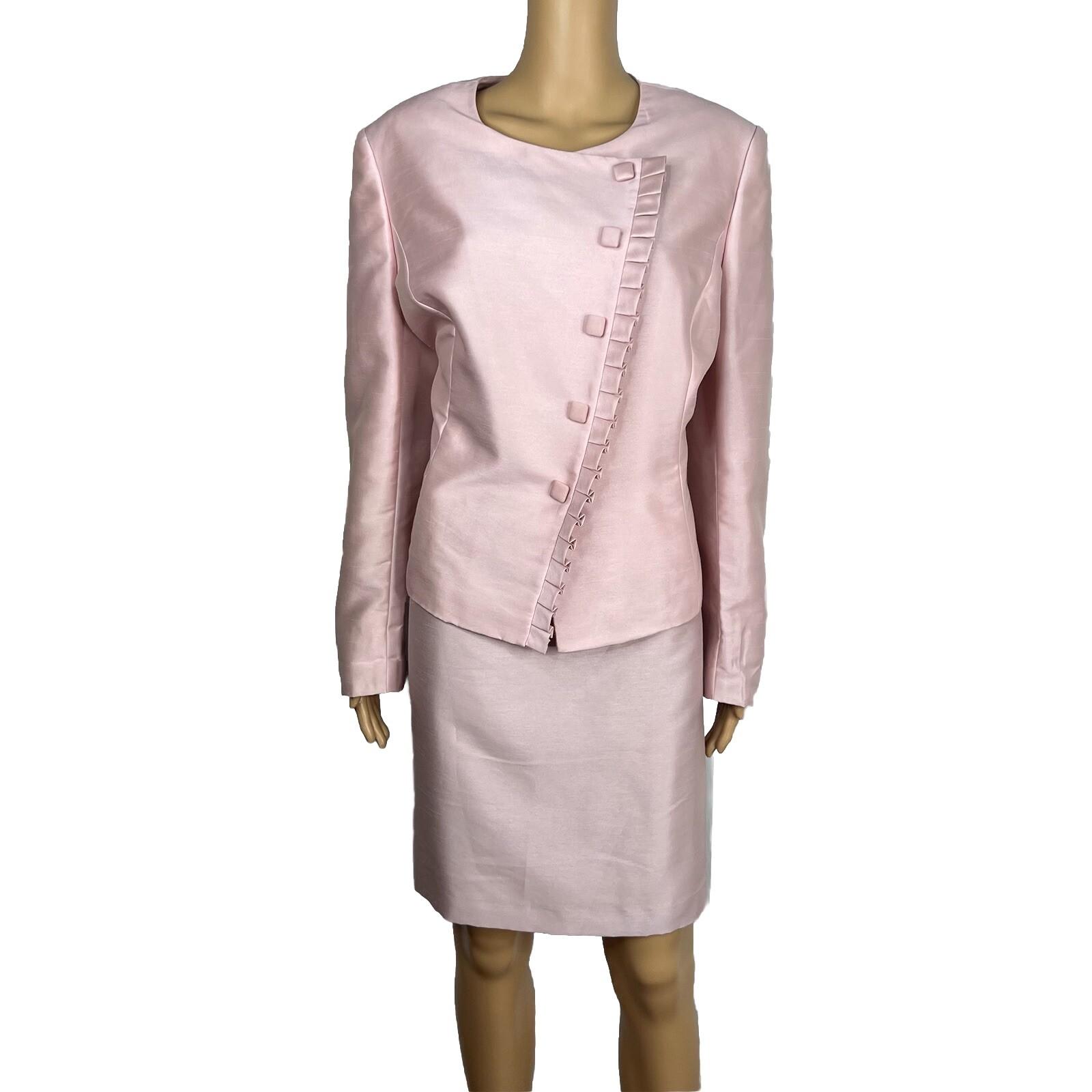 Tahari ASL Women Polyester Nylon Skirt Suit Size 14P Pink Collarless Lined 2PC