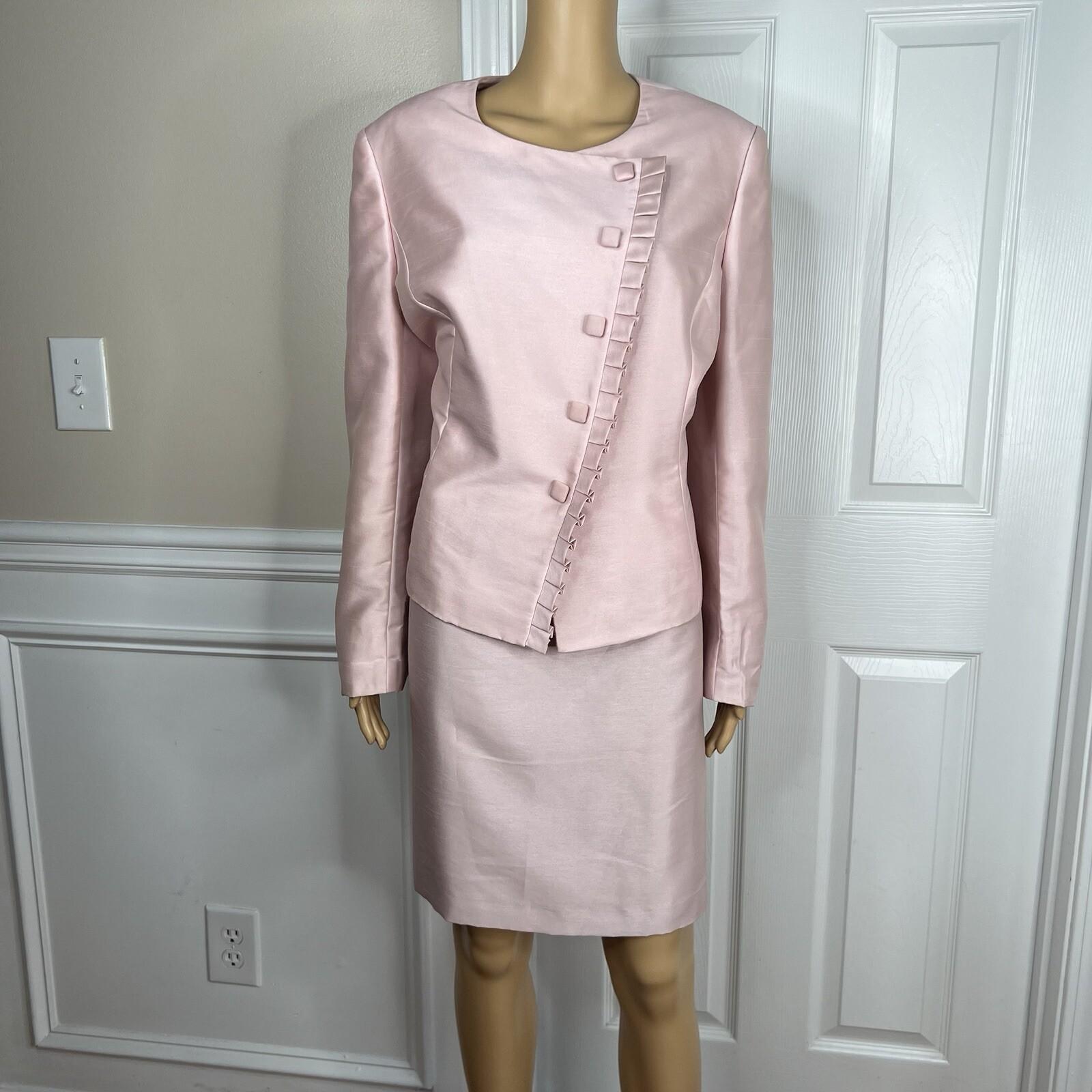 Tahari ASL Women Polyester Nylon Skirt Suit Size 14P Pink Collarless Lined 2PC