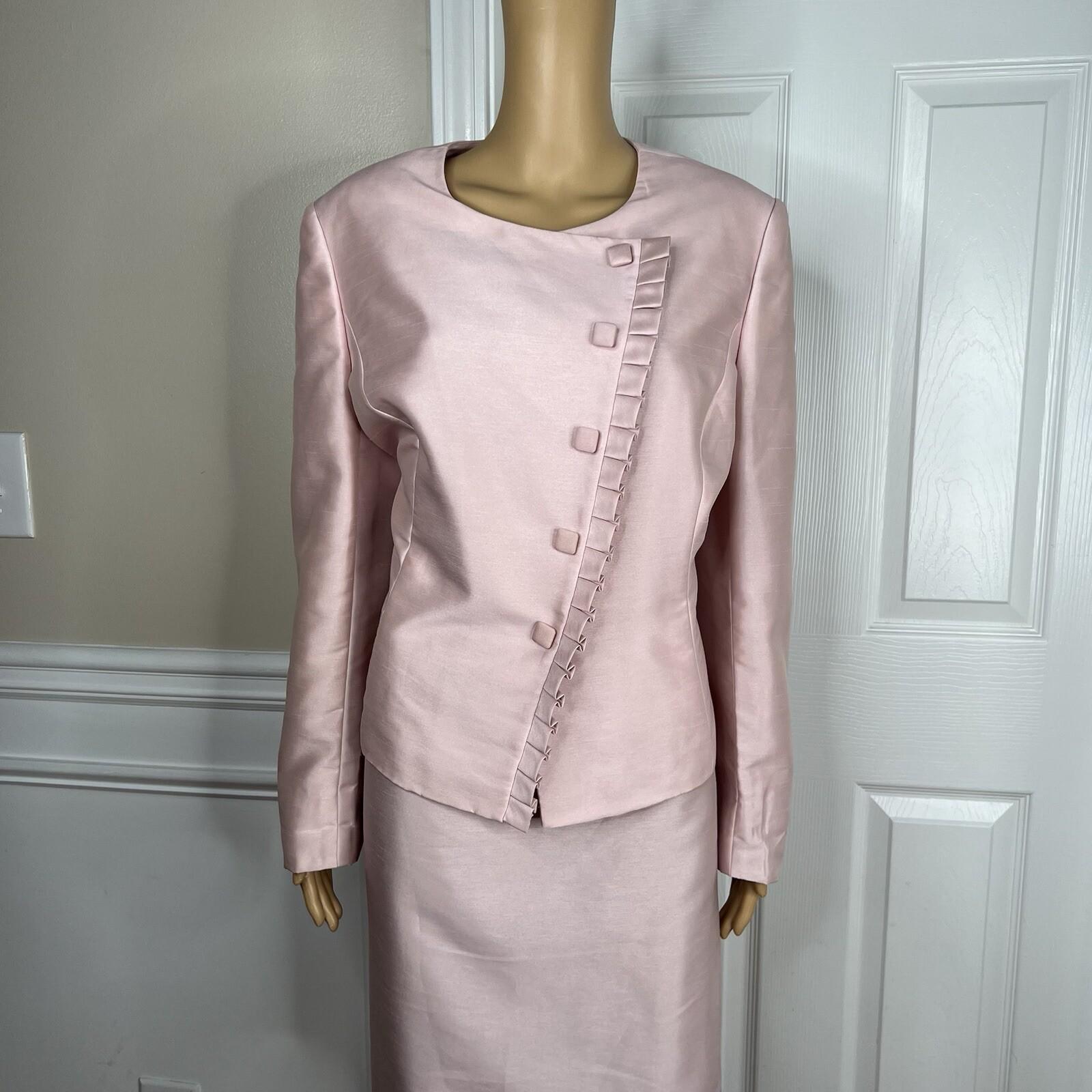 Tahari ASL Women Polyester Nylon Skirt Suit Size 14P Pink Collarless Lined 2PC