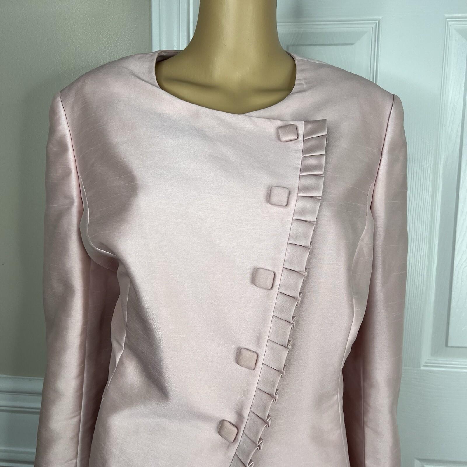 Tahari ASL Women Polyester Nylon Skirt Suit Size 14P Pink Collarless Lined 2PC