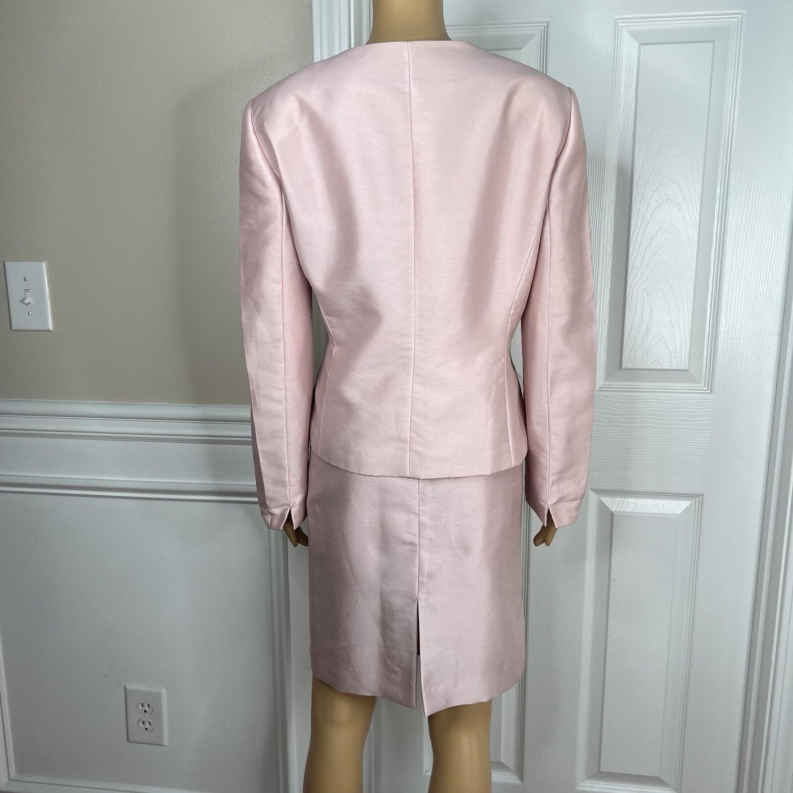 Tahari ASL Women Polyester Nylon Skirt Suit Size 14P Pink Collarless Lined 2PC