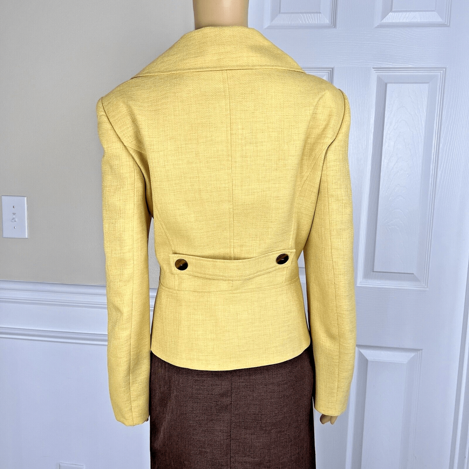 Le Suit Polyester Skirt Suit 14 Yellow Brown Double Breasted Wide Collar 2PC