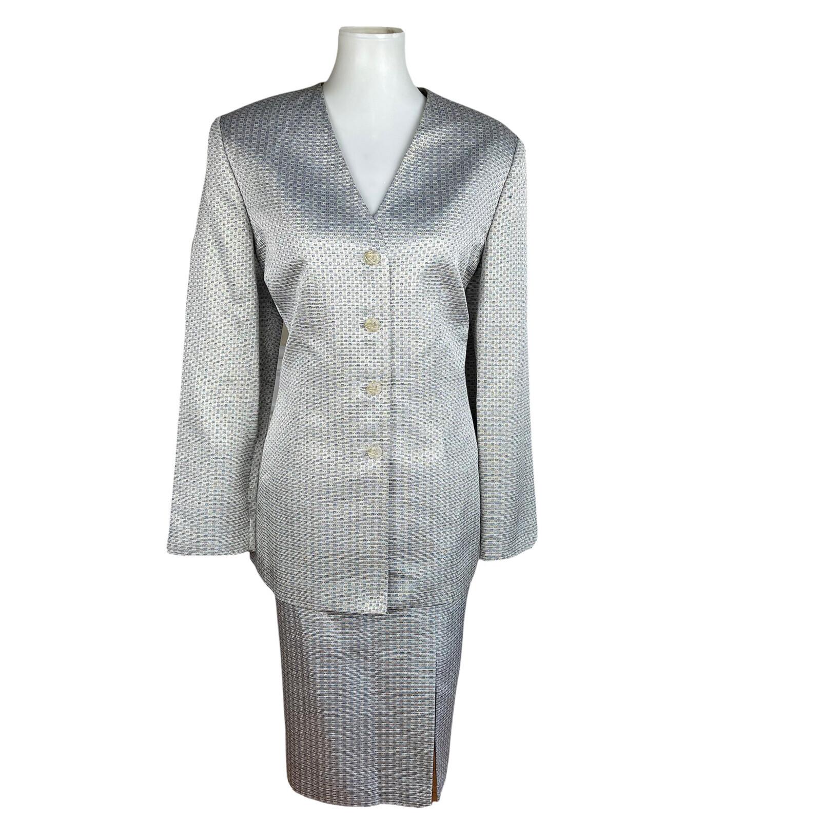 New LE SUIT 2PC Silver Blue Acetate Metallic Blend Collarless Skirt Suit SZ 12