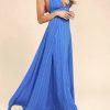 Lulus Elevate Polyester Embroidered Dress M Blue Open Back Crisscross Flare Maxi