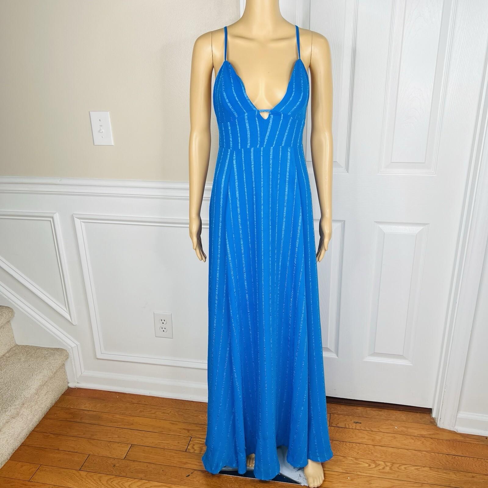 Lulus Elevate Polyester Embroidered Dress M Blue Open Back Crisscross Flare Maxi
