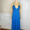 Lulus Elevate Polyester Embroidered Dress M Blue Open Back Crisscross Flare Maxi