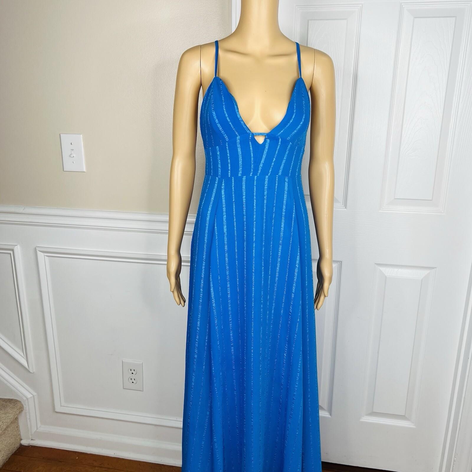 Lulus Elevate Polyester Embroidered Dress M Blue Open Back Crisscross Flare Maxi