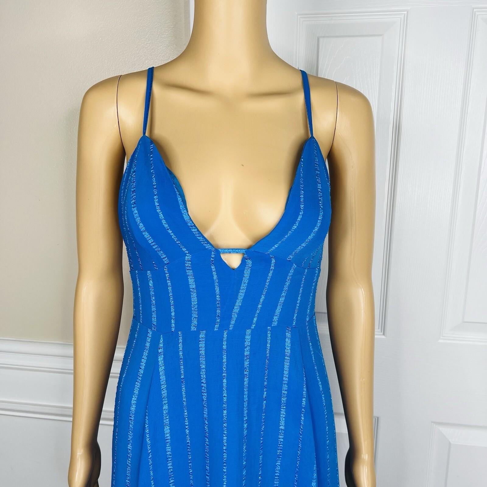 Lulus Elevate Polyester Embroidered Dress M Blue Open Back Crisscross Flare Maxi