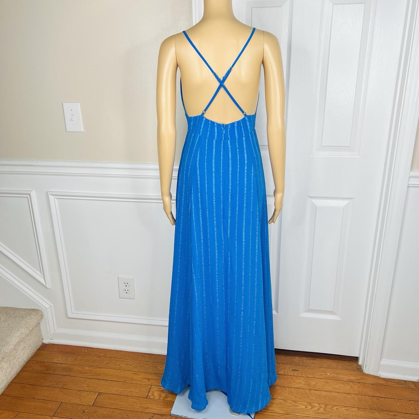 Lulus Elevate Polyester Embroidered Dress M Blue Open Back Crisscross Flare Maxi