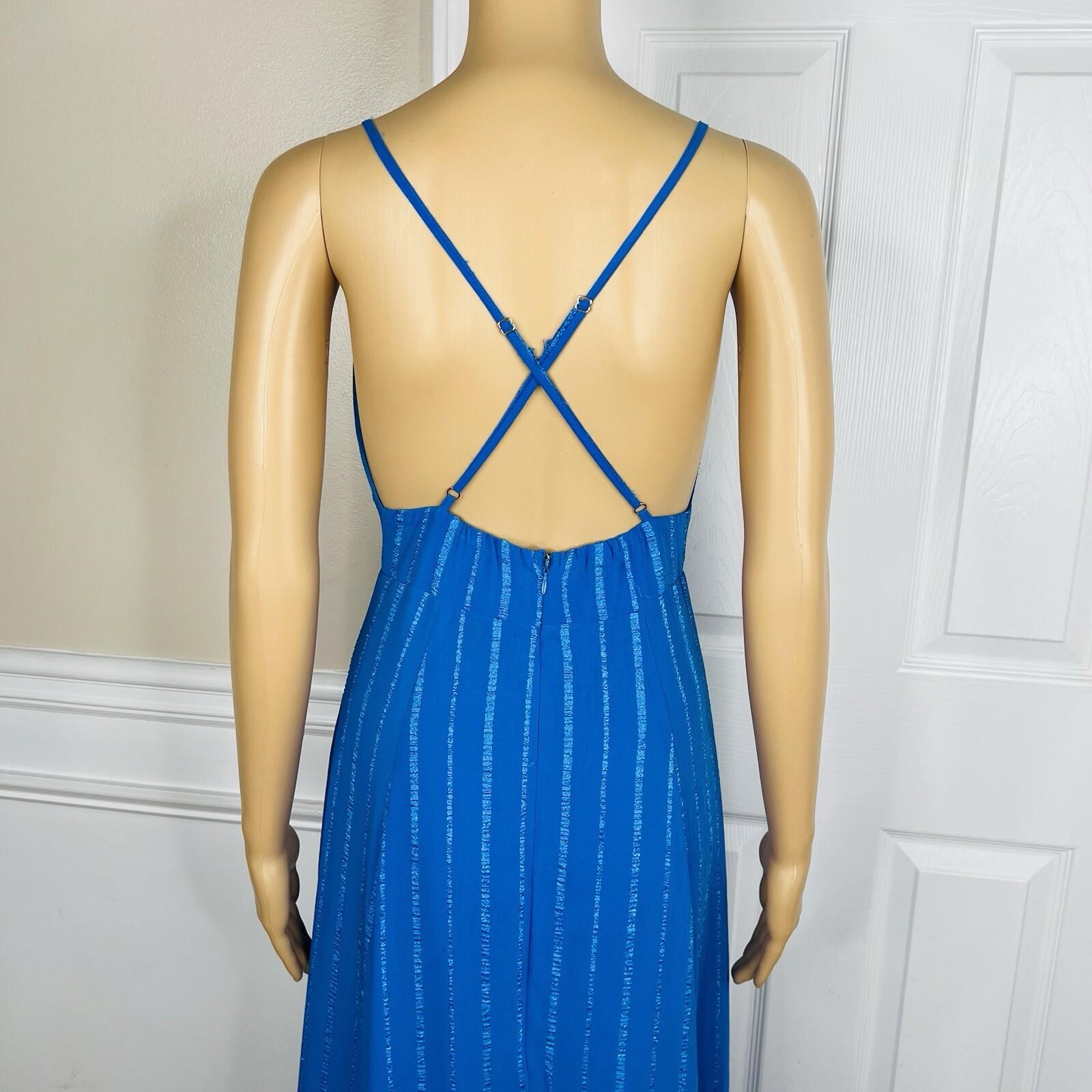 Lulus Elevate Polyester Embroidered Dress M Blue Open Back Crisscross Flare Maxi