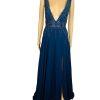 10-3429.jpg Gianni Bini Evening Gown Size 9 Navy Blue Beaded Embroidered Low V Neck Cut Slit