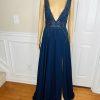 10-3430.jpg Gianni Bini Evening Gown Size 9 Navy Blue Beaded Embroidered Low V Neck Cut Slit