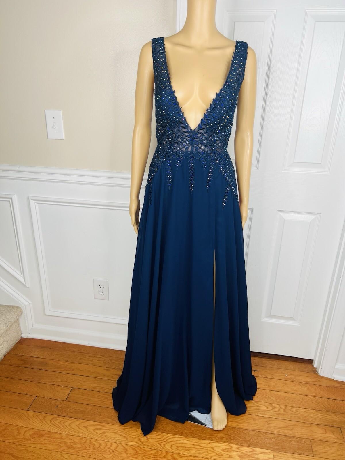 10-3430.jpg Gianni Bini Evening Gown Size 9 Navy Blue Beaded Embroidered Low V Neck Cut Slit