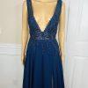 10-3431.jpg Gianni Bini Evening Gown Size 9 Navy Blue Beaded Embroidered Low V Neck Cut Slit