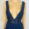 10-3432.jpg Gianni Bini Evening Gown Size 9 Navy Blue Beaded Embroidered Low V Neck Cut Slit