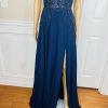 10-3433.jpg Gianni Bini Evening Gown Size 9 Navy Blue Beaded Embroidered Low V Neck Cut Slit